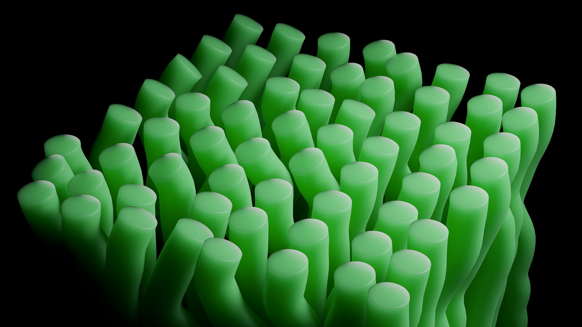 A rendered field of upright cylindrical rods of uneven height, packed close together and falling away towards the back