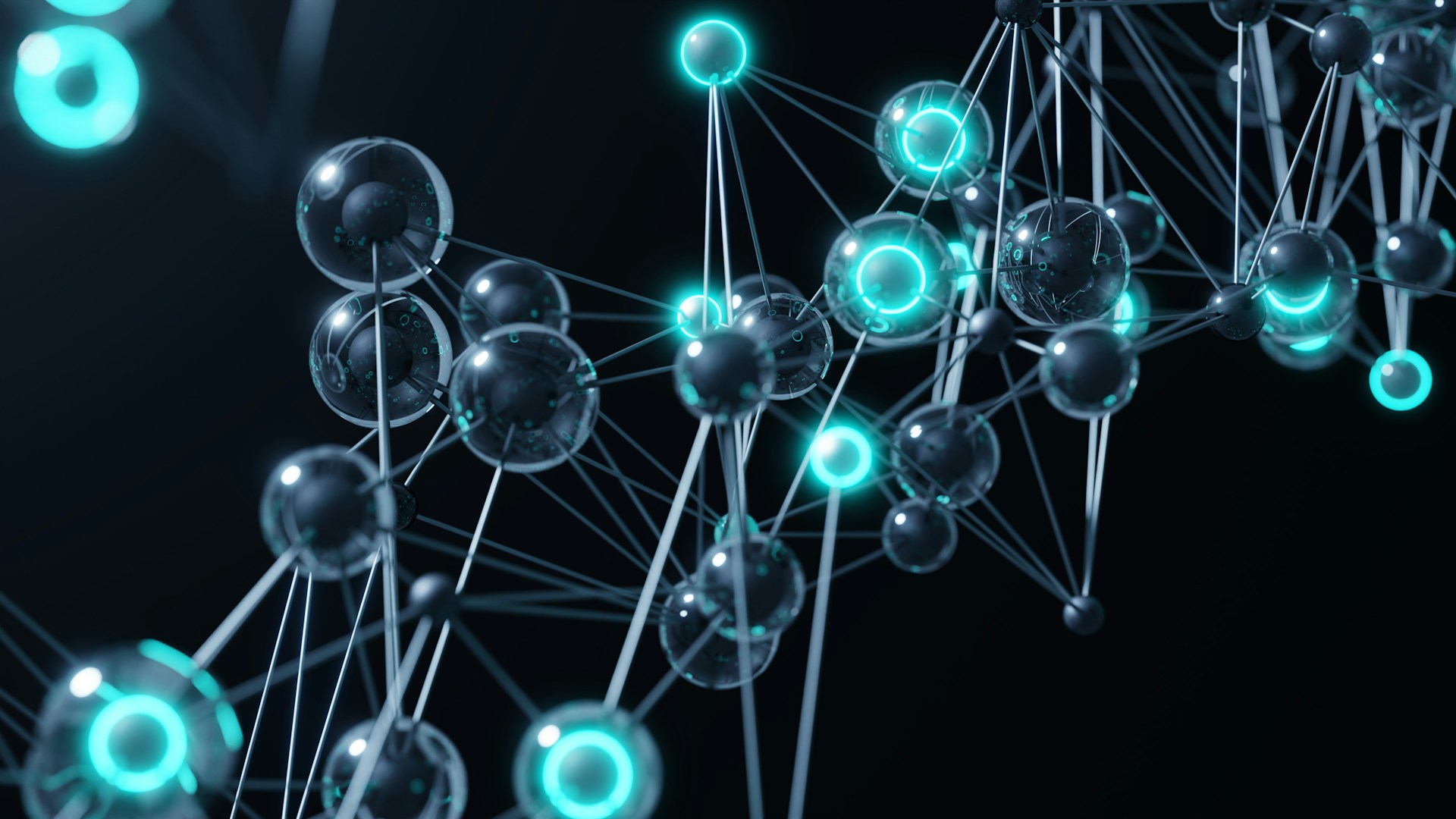 Computer-rendered lattice of dark spheres joined by thin struts, with scattered nodes glowing cyan through the structure